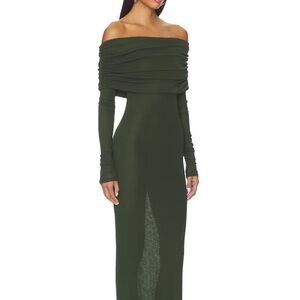 Superdown Off-Shoulder Long Sleeve Dress in Dark Green